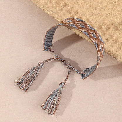 Retro Fashion Plaid Pattern Ribbon Woven Tassel Bracelet