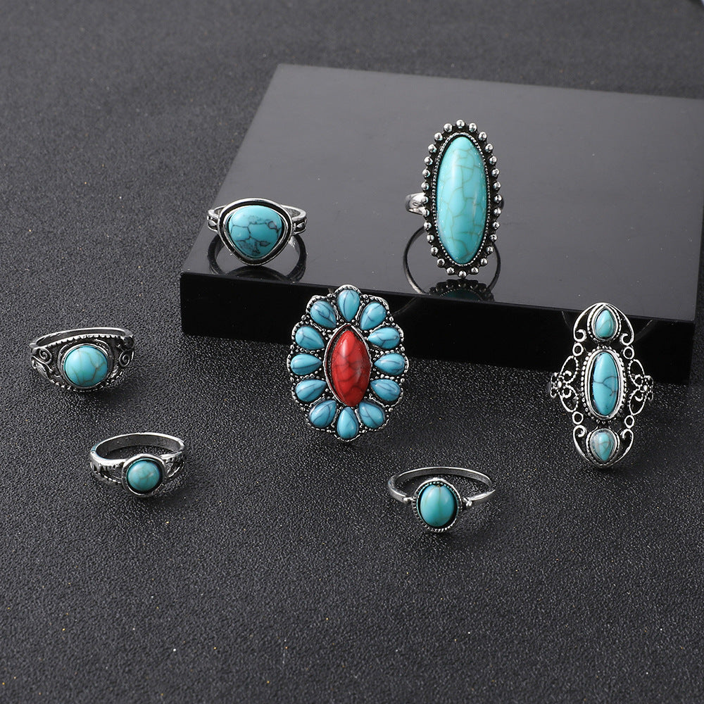 Exaggerated Ethnic Style Cool Style Leaf Round Snake Alloy Plating Inlay Turquoise Women's Rings