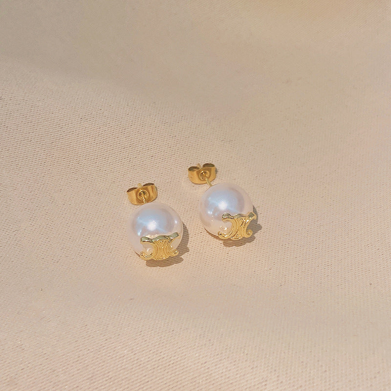 1 Pair French Style Pearl Plating Stainless Steel Ear Studs