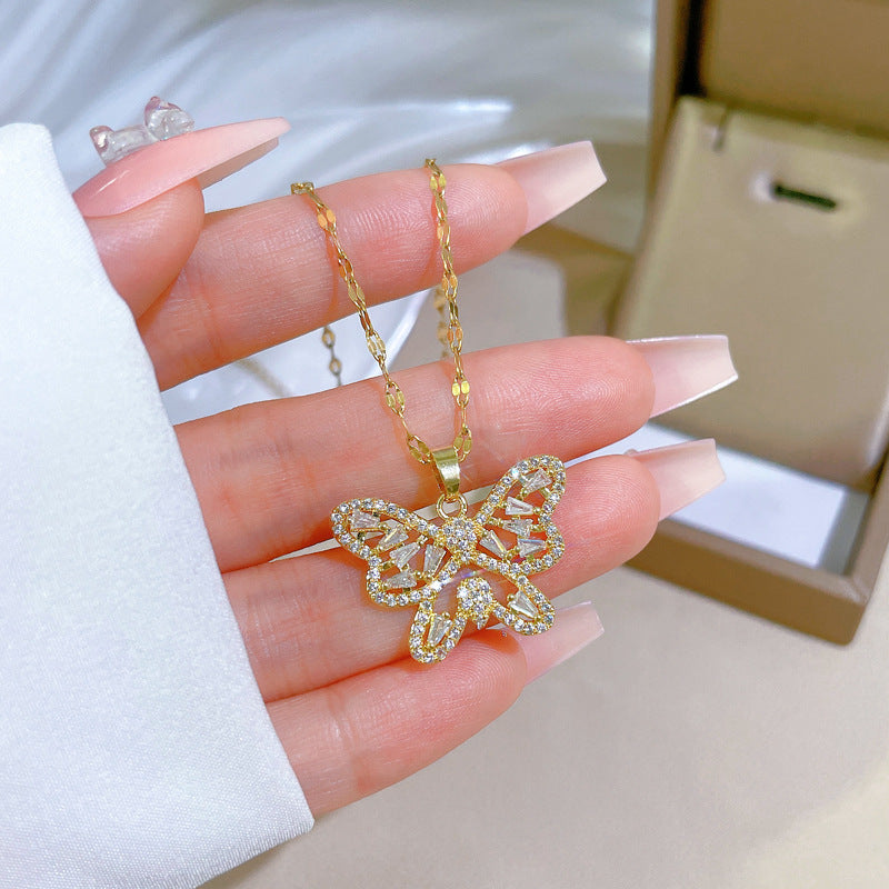 Fashion Butterfly Stainless Steel Copper Plating Zircon Pendant Necklace