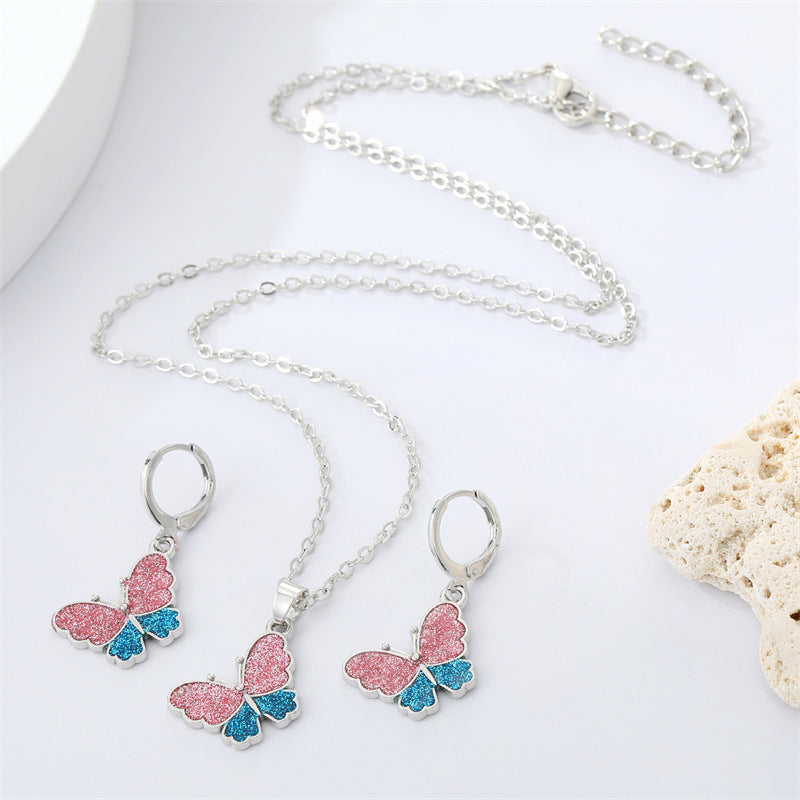 Cross-border Trend Color Glitter Butterfly Necklace Set Cute Animal Ear Ring