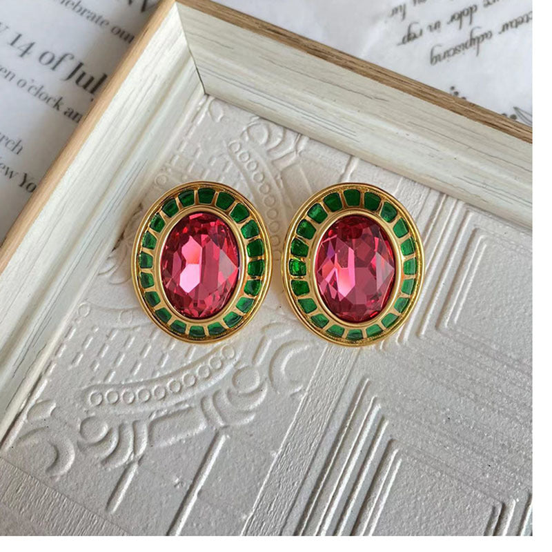 Retro Oval Copper Enamel Plating Inlay Zircon Ear Clips Ear Studs 1 Pair