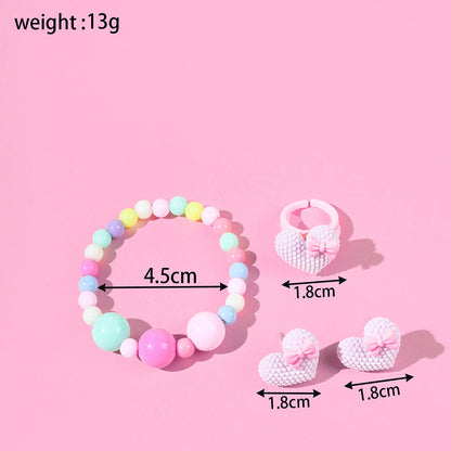 1 Set Fashion Heart Shape Plastic Beaded Girl's Rings Earrings Necklace