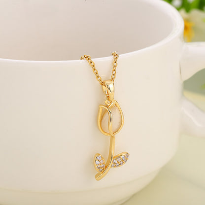 Casual Simple Style Tulip Titanium Steel Inlay Opal Zircon Pendant Necklace