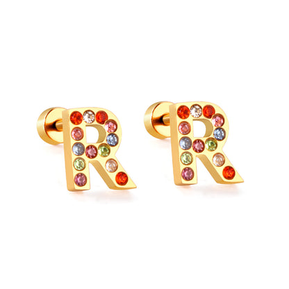 Fashion Letter Stainless Steel Inlay Zircon Ear Studs 1 Pair