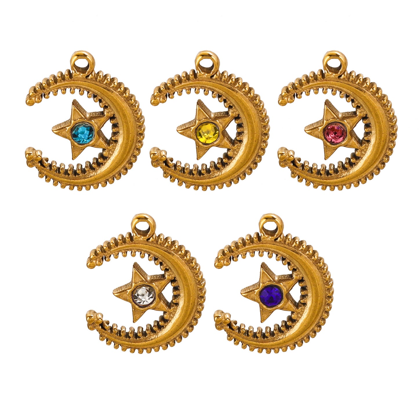 5 Pcs/package Retro Star Moon Stainless Steel Plating Inlay Pendant Jewelry Accessories