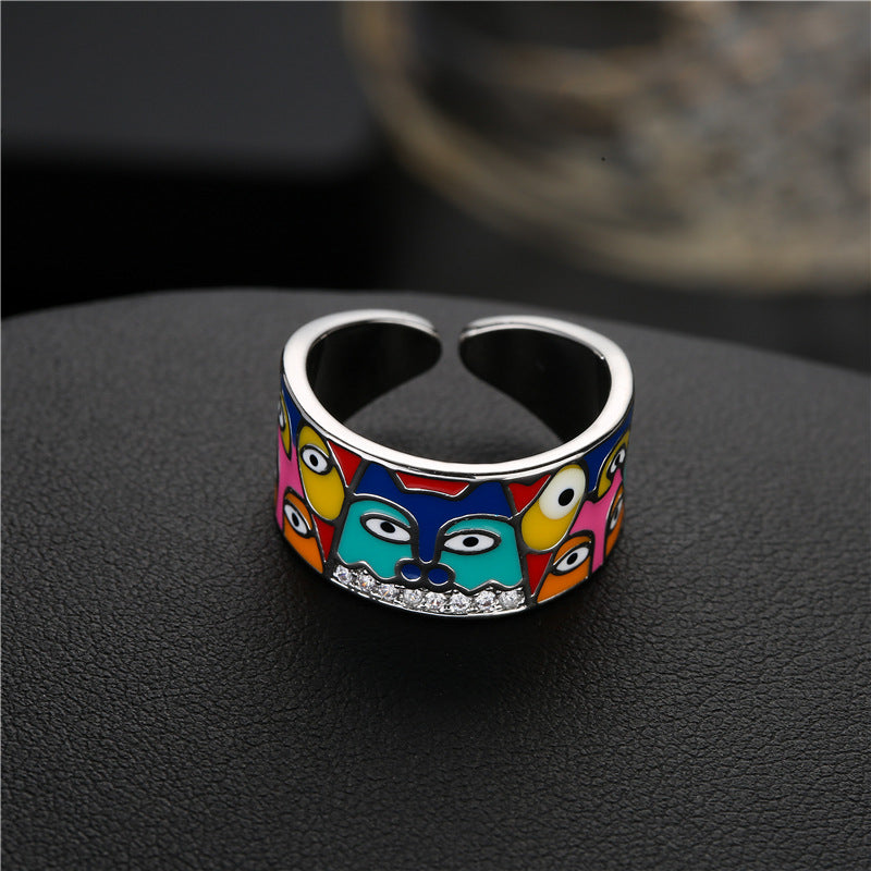 Aogu Cross-border Supply European And American Fashion New Real Gold Electroplating Dripping Eyes Portrait Open-end Zircon Ring