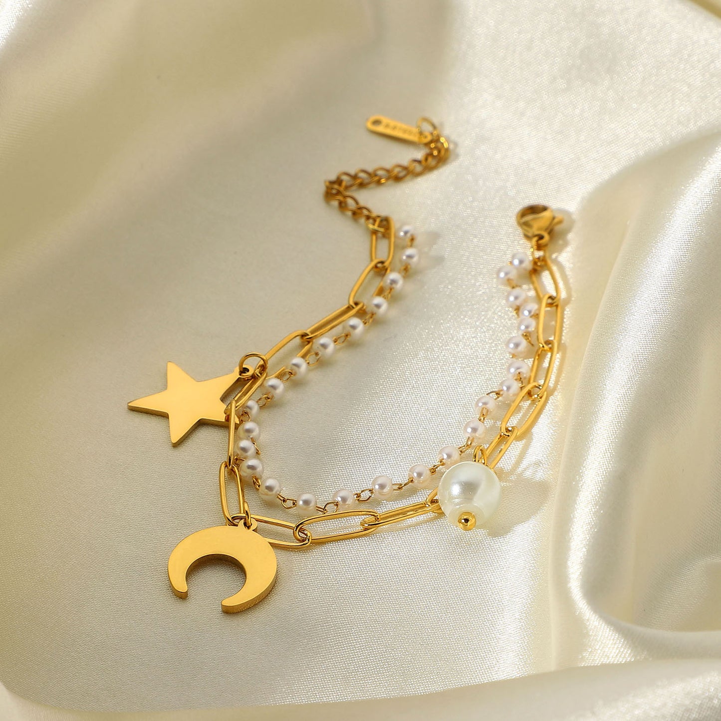 18k Gold Plated Stainless Steel Star Moon Pearl Pendant Double Layer Bracelet