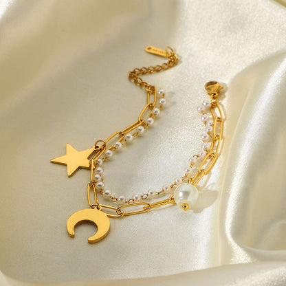 18k Gold Plated Stainless Steel Star Moon Pearl Pendant Double Layer Bracelet