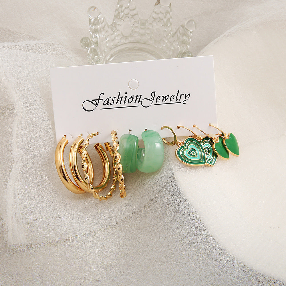 Fashion Green Dripping Oil Heart-shaped Pendant Alloy Earrings Set