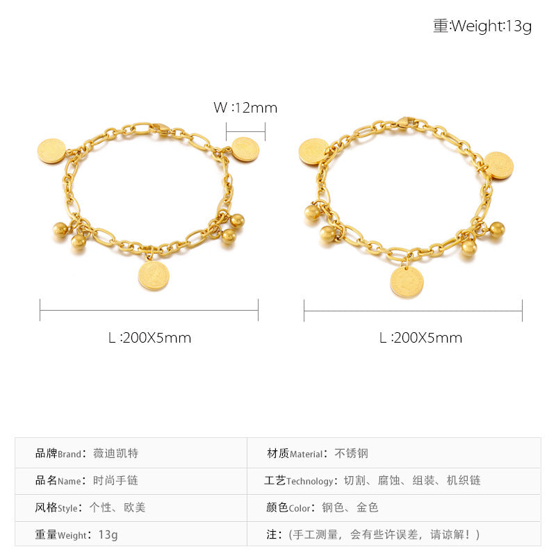 Fashion Stitching Retro Ethnic Round Card Portrait Stainless Steel Gold-color Bead Bracelet