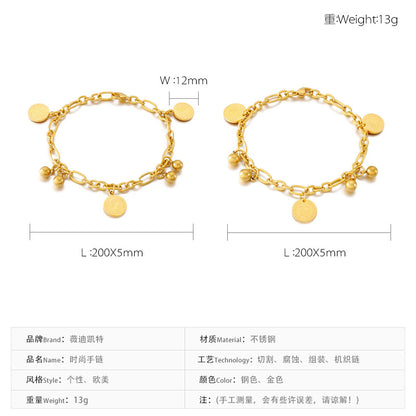 Fashion Stitching Retro Ethnic Round Card Portrait Stainless Steel Gold-color Bead Bracelet