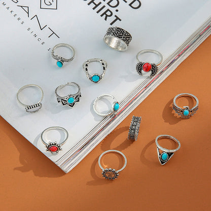 Wholesale Jewelry Red Crescent Wings Turquoise Ring 12-piece Set Gooddiy