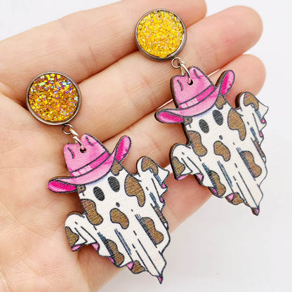 1 Pair Funny Cartoon Character Printing Wood Drop Earrings