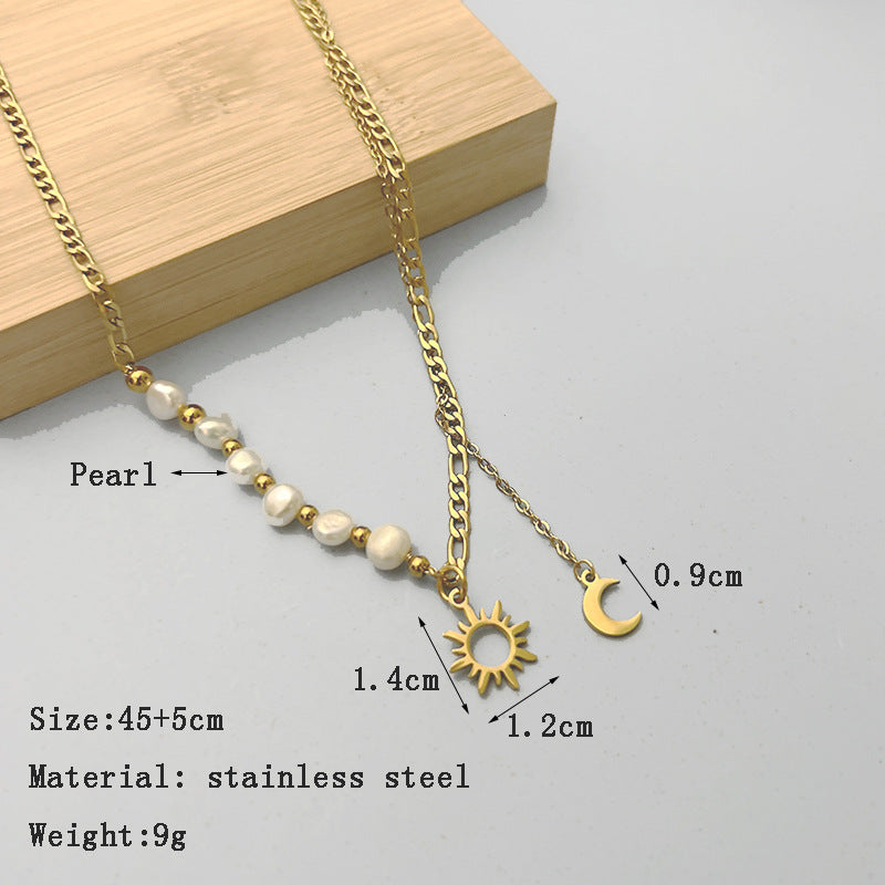 Fashion Sun Moon Stainless Steel Titanium Steel Pearl Plating Hollow Out Pendant Necklace 1 Piece