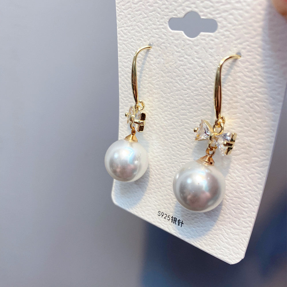 Zircon Bowknot Pearl 925 Silver Needle Earrings