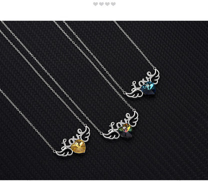 Elegant Letter Heart Shape Wings Austrian Crystal Sterling Silver Inlay Zircon Necklace 1 Piece