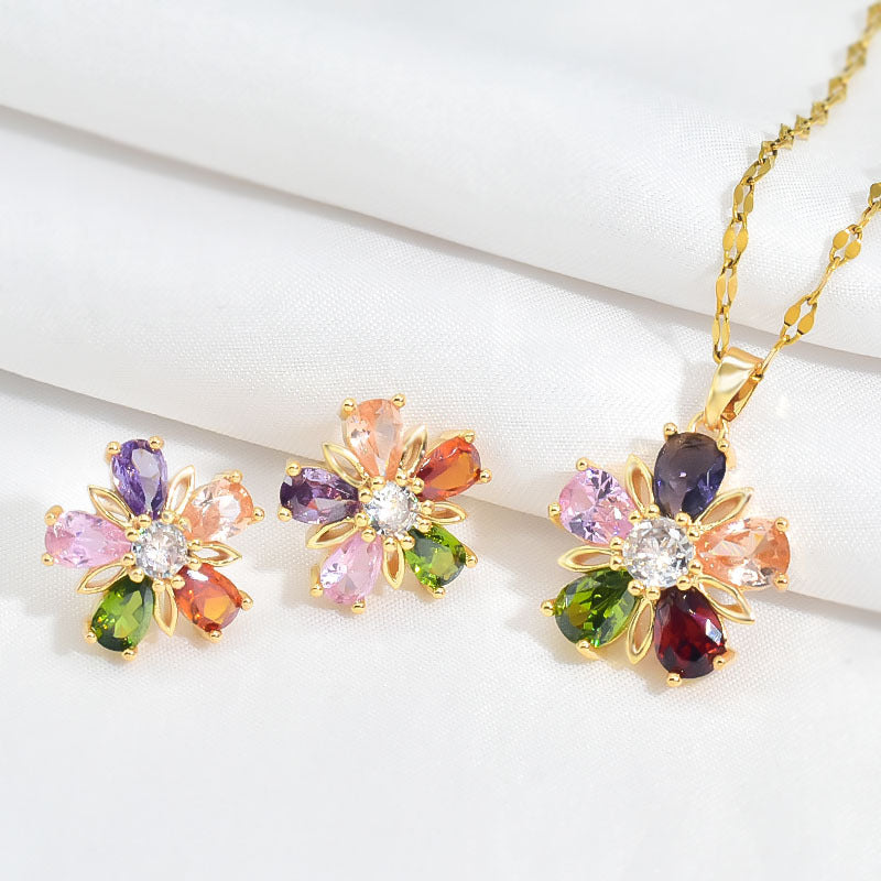 Fairy Style Leaf Flower Titanium Steel Inlay Zircon Women's Earrings Necklace Jewelry Set