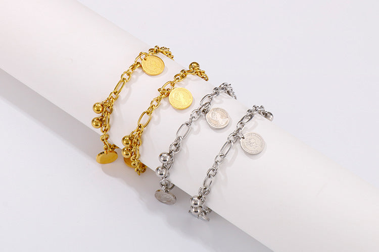 Fashion Stitching Retro Ethnic Round Card Portrait Stainless Steel Gold-color Bead Bracelet