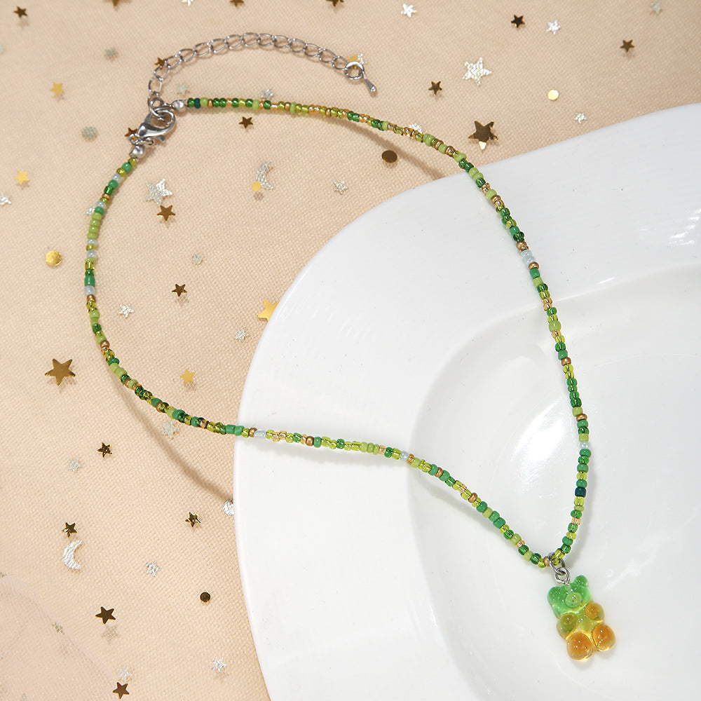 Cute Bear Resin Glass Beaded Women's Pendant Necklace