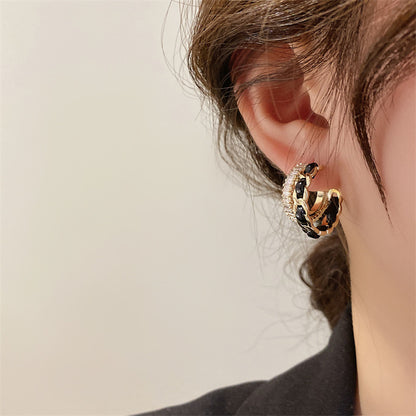 Fashion Zircon Leather C-shaped Double-layer Design Alloy Earrings