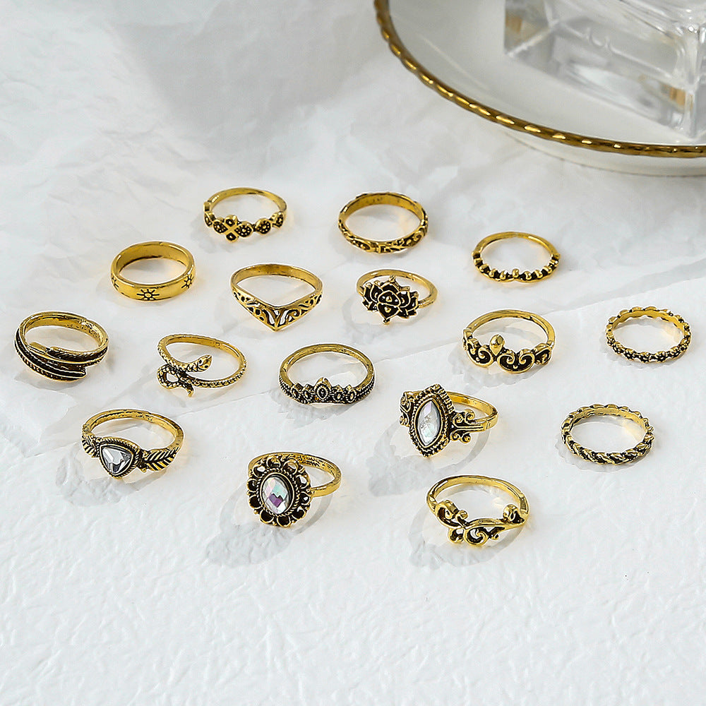 Wholesale Jewelry Retro Ladies Hollow Carved Snake Leaf Shape 16-piece Ring Gooddiy