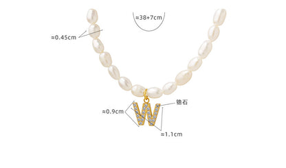 Elegant Letter Pearl Titanium Steel Plating Zircon Necklace