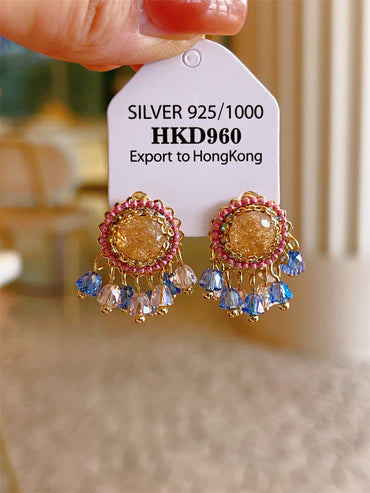 1 Pair Retro Geometric Tassel Artificial Crystal Earrings