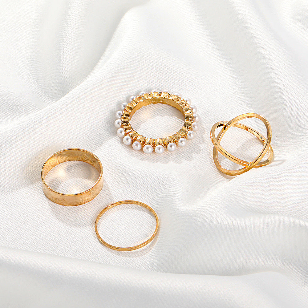 Fashion Geometric Four-piece Pearl Ring Set