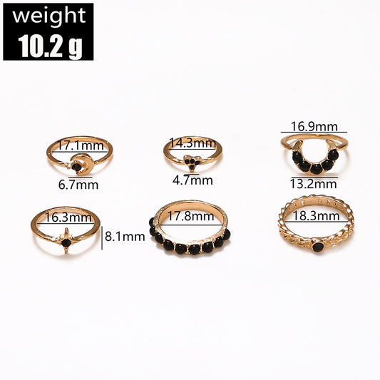 Cross-border New Ring Set Fashion Black Gemstone Star Moon 6-piece Set Joint Ring Finger Ring