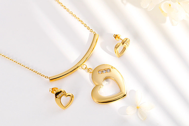 Cross-border E-commerce Stainless Steel Jewelry Wholesale European And American Fashion Diamond-embedded Heart-shaped Ladies Necklace And Earrings Suite Wholesale