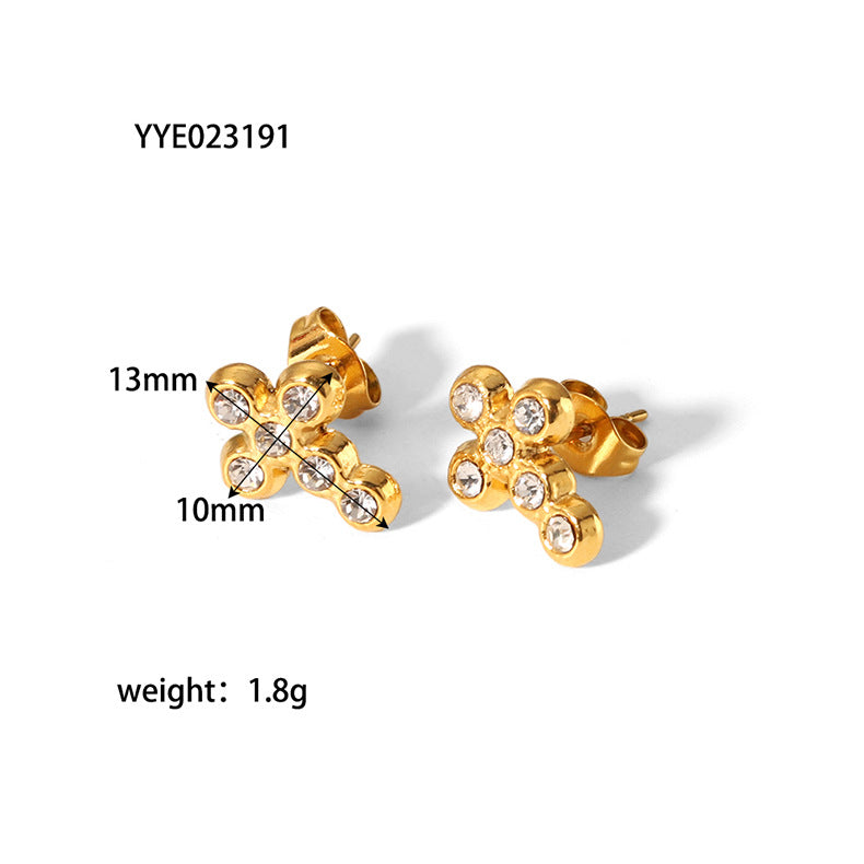 Wholesale Elegant Cross Stainless Steel Plating Inlay 18k Gold Plated Zircon Earrings Necklace