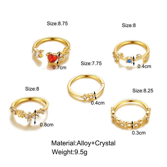 Creative Simple Red Love Heart Diamond-studded Knuckle Ring 5 Piece Set