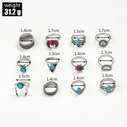 Wholesale Jewelry Red Crescent Wings Turquoise Ring 12-piece Set Gooddiy