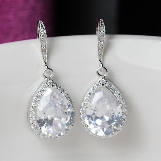 Fashion Full Water Drop Shaped Zircon Copper Earrings Wholesale