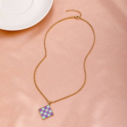 Cross-border New Geometric Square Pendant Necklace Color Dripping Oil Checkerboard Clavicle Chain Necklace