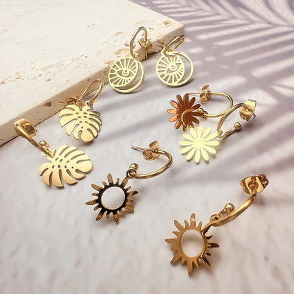 1 Pair Vintage Style Sun Leaves Eye Plating Stainless Steel Drop Earrings