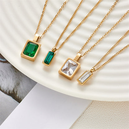 Simple Style Square Inlaid Emerald Zircon Stainless Steel Pendant Necklace