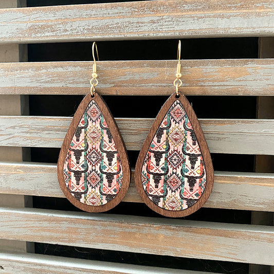 1 Pair Commute Water Droplets Printing Wood Drop Earrings