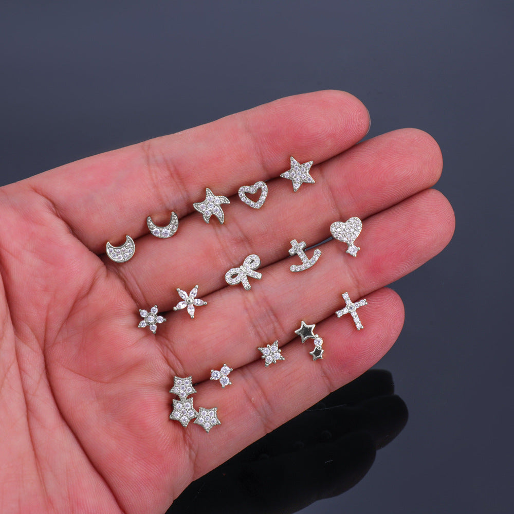 1 Piece Simple Style Star Heart Shape Anchor Inlay Copper Zircon Ear Studs