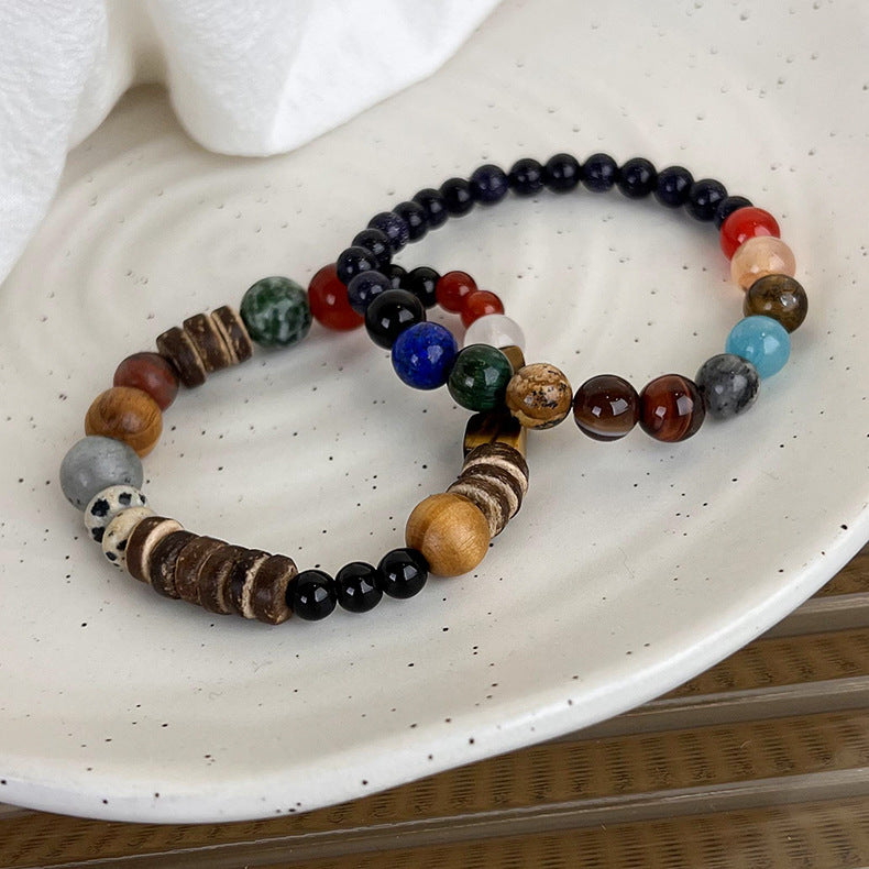 1 Piece Retro Round Multicolor Wooden Beads Agate Beaded Polishing Unisex Bracelets