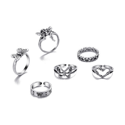 Creative Hollow Heart Shaped Butterfly Ring Set Six-piece Set