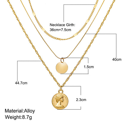 European And American New Alloy Necklace Fashion Simple Disc Pendant Multi-layered Clavicle Chain