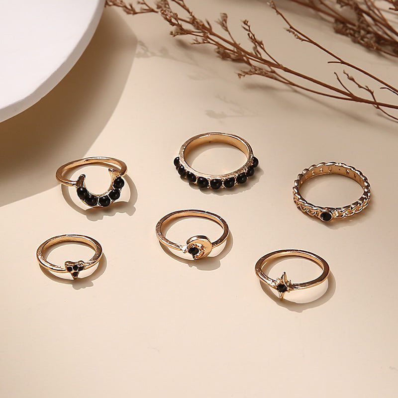 Cross-border New Ring Set Fashion Black Gemstone Star Moon 6-piece Set Joint Ring Finger Ring