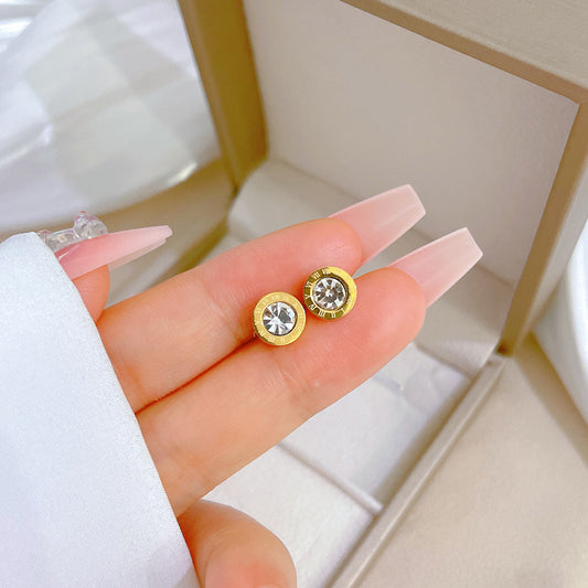 1 Pair Simple Style Round Number Plating Inlay Titanium Steel Zircon Ear Studs