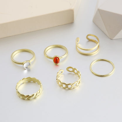 Simple Creative Artificial Gem Inlaid Gold Sliver Metal Open Ring 6-piece Set