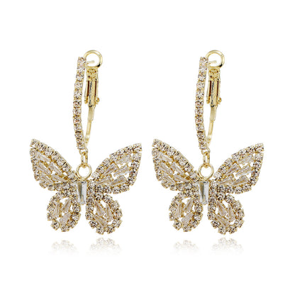 1 Pair Lady Butterfly Metal Inlay Rhinestones Zircon Women's Drop Earrings