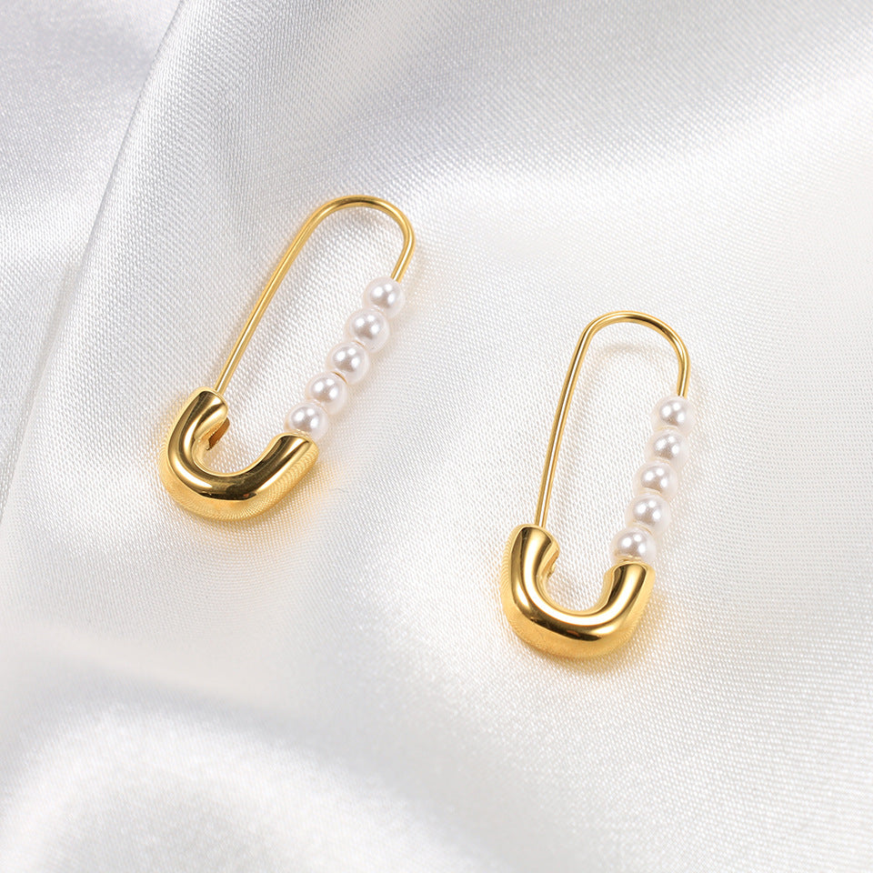 1 Pair Elegant Paper Clip Stainless Steel Inlay Artificial Pearls Earrings