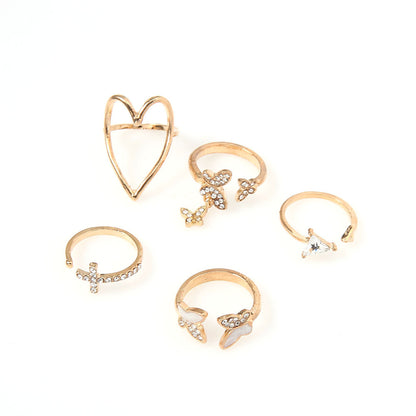 New Style Fashion Cross Triangle Love Heart Hollow Full Diamond Dripping Butterfly Ring 5-piece Set