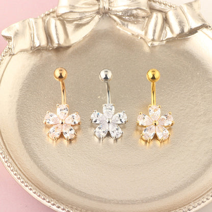 Ethnic Style Flower Stainless Steel Inlay Zircon Belly Ring 1 Piece